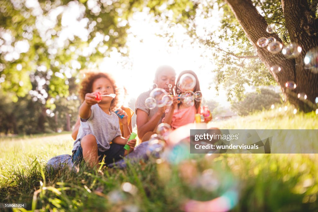 Adorable african-american family blows soap bubbles at eachother