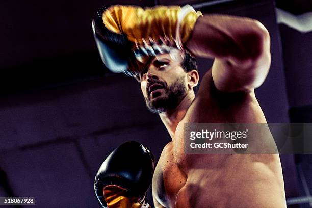 handsome and muscular boxer guarding against his opponent - mixed martial arts stock pictures, royalty-free photos & images