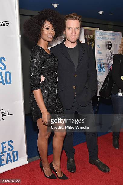 Actress Emayatzy Corinealdi and actor Ewan McGregor attend the premiere of Sony Pictures Classics' "Miles Ahead" at Writers Guild Theater on March...