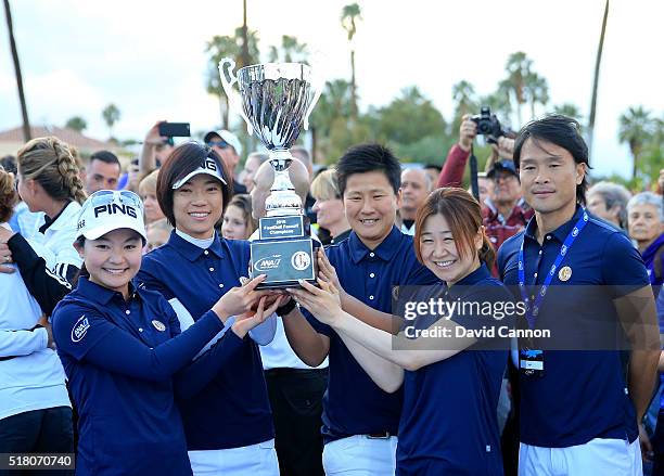 The victorious Japan Team celebrate with the trophy Ayako Uehara, Shiho Oyama, Ayumi Kaihori, and Yayoi Kobayashi during the ANA Footgolf Faceoff...