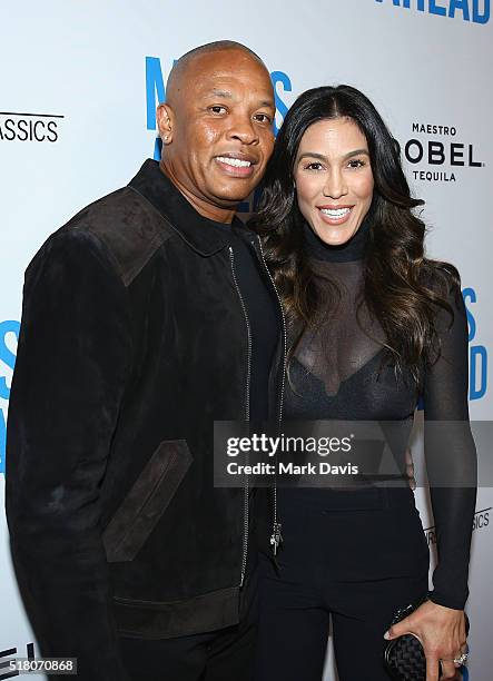 Dr. Dre and Nicole Young attend the premiere of Sony Pictures Classics' "Miles Ahead" at Writers Guild Theater on March 29, 2016 in Beverly Hills,...