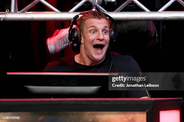 Player Rob Gronkowski attends as athletes and YouTube stars team for DOOM Videogame Tournament at Siren Studios on March 29, 2016 in Hollywood,...
