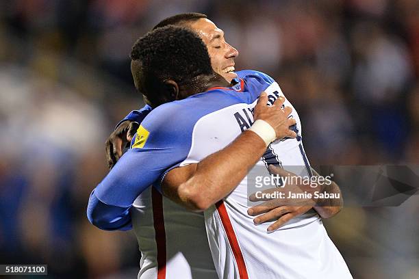 Clint Dempsey of the United States Men's National Team celebrates with Jozy Altidore of the United States Men's National Team in the second half...
