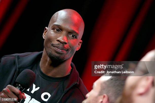 Former NFL player Chad "Ochocinco" Johnson attends as athletes and YouTube stars team for DOOM Videogame Tournament at Siren Studios on March 29,...