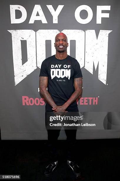Former NFL player Chad "Ochocinco" Johnson attends as athletes and YouTube stars team for DOOM Videogame Tournament at Siren Studios on March 29,...