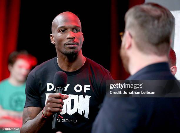 Former NFL player Chad "Ochocinco" Johnson attends as athletes and YouTube stars team for DOOM Videogame Tournament at Siren Studios on March 29,...