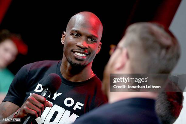 Former NFL player Chad "Ochocinco" Johnson attends as athletes and YouTube stars team for DOOM Videogame Tournament at Siren Studios on March 29,...