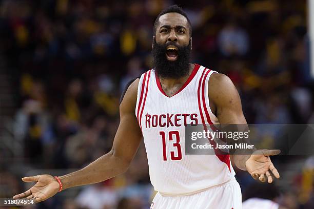 James Harden of the Houston Rockets argues a call during the second half against the Cleveland Cavaliers at Quicken Loans Arena on March 29, 2016 in...