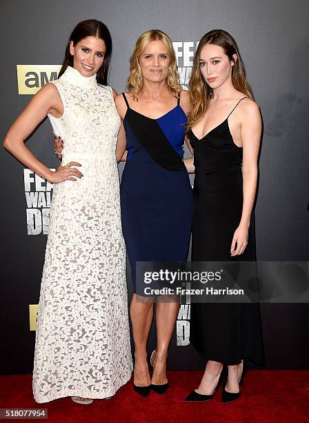 Actresses Mercedes Masohn, Kim Dickens and Alycia Debnam-Carey attend the premiere of AMC's "Fear The Walking Dead" Season 2 at Cinemark Playa Vista...