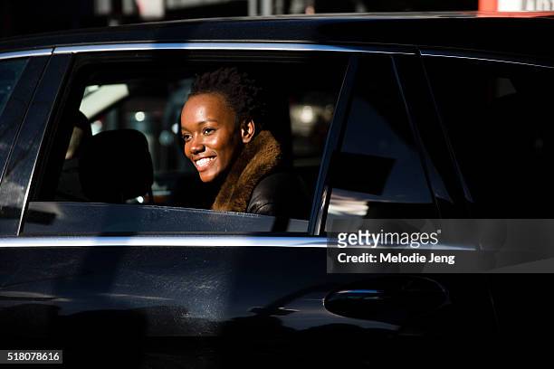 Canadian model Herieth Paul exits the Tibi show at Skylight 60 Tenth by car during New York Fashion Week: Women's Fall/Winter 2016 on February 13,...