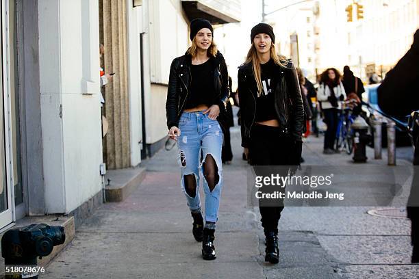 Models Michi and Natalie Ludwig exit the Lacoste show at Spring Studios during New York Fashion Week: Women's Fall/Winter 2016 on February 13, 2016...