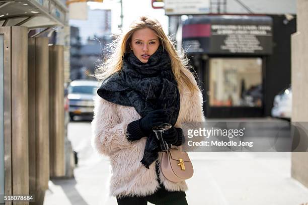 Dutch Victoria's Secret model Romee Strijd is caught in Chelsea during New York Fashion Week: Women's Fall/Winter 2016 on February 13, 2016 in New...