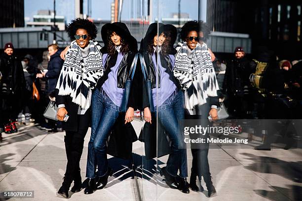 Models Tara Fall and Hadassa Lima exit the Tibi show at Skylight 60 Tenth during New York Fashion Week: Women's Fall/Winter 2016 on February 13, 2016...