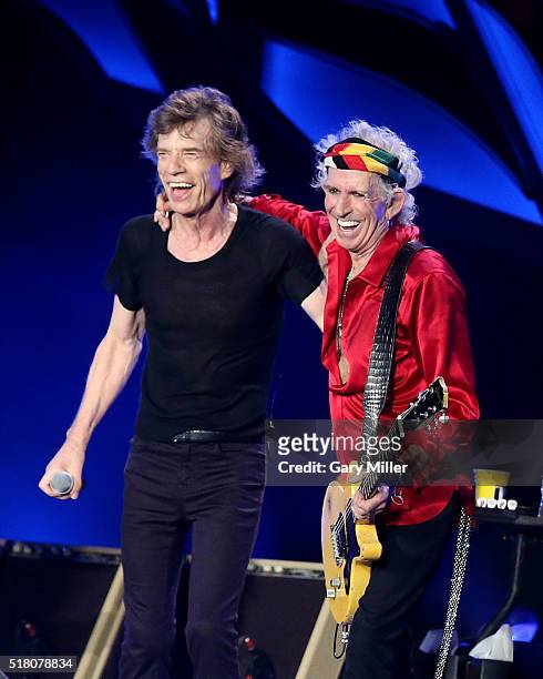 Mick Jagger and Keith Richards perform with the Rolling Stones at Ciudad Deportiva on March 25, 2016 in Havana, Cuba.