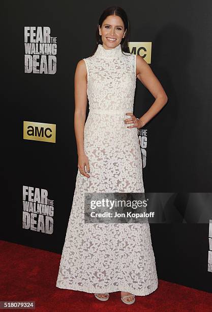 Actress Mercedes Masohn arrives at the premiere Of AMC's "Fear The Walking Dead" Season 2 at Cinemark Playa Vista on March 29, 2016 in Los Angeles,...