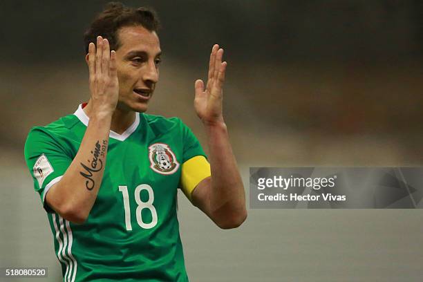Andres Guardado of Mexico reacts during the match between Mexico and Canada as part of the FIFA 2018 World Cup Qualifiers at Azteca Stadium on March...