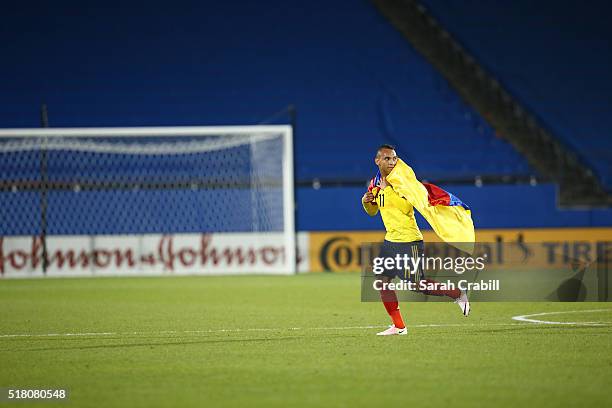 Jarlan Barrera of Colombia celebrates after defeating the U.S. Under-23 Men's National Team during the 2016 CONCACAF Olympic Qualifying playoff at...