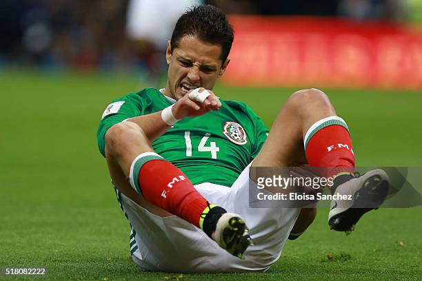 Javier Hernandez of Mexico reacts during the match between Mexico and Canada as part of the FIFA 2018 World Cup Qualifiers at Azteca Stadium on March...