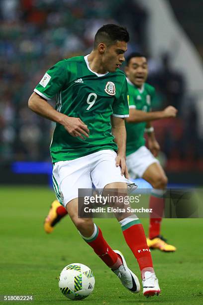 Raul Jimenez of Mexico drives the ball during the match between Mexico and Canada as part of the FIFA 2018 World Cup Qualifiers at Azteca Stadium on...