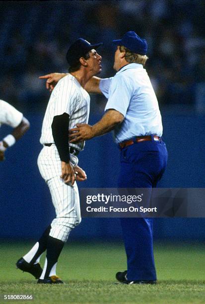 Manager Billy Martin of the New York Yankees argues with an umpire during a Major League Baseball game circa 1978 at Yankee Stadium in the Bronx...