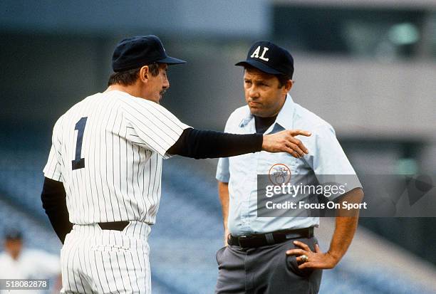 Manager Billy Martin of the New York Yankees argues with an umpire during a Major League Baseball game circa 1983 at Yankee Stadium in the Bronx...