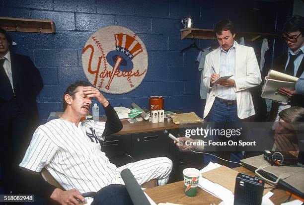 Manager Billy Martin of the New York Yankees answer question while being interviewed by the press after a Major League Baseball game circa mid 1979...