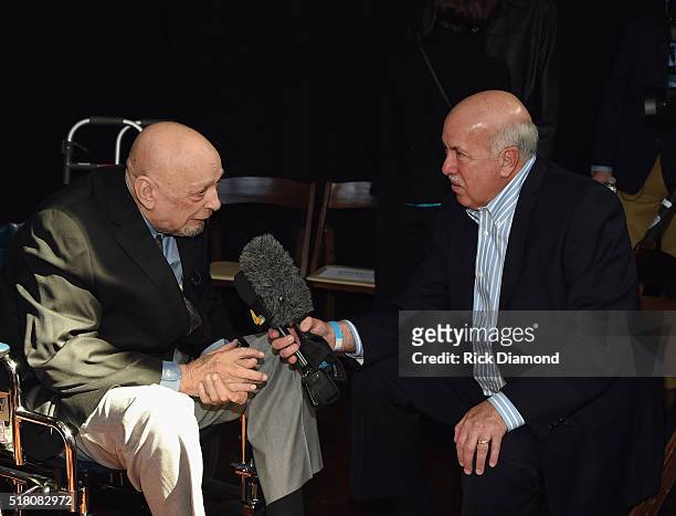 New Inductees Fred Foster chats with reporter Jimmy Carter during the CMA Presentation of The 2016 Country Music Hall Of Fame Inductees Announcement...