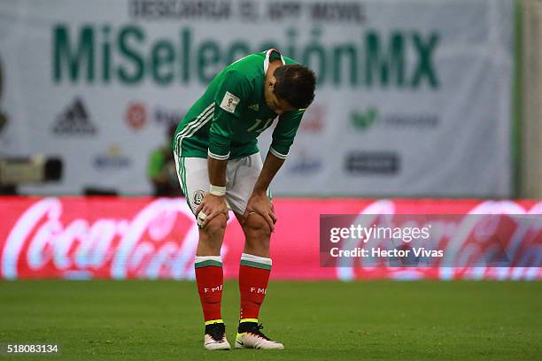 Javier Hernandez of Mexico reacts during the match between Mexico and Canada as part of the FIFA 2018 World Cup Qualifiers at Azteca Stadium on March...