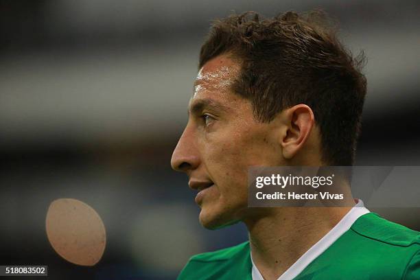 Andres Guardado of Mexico looks on during the match between Mexico and Canada as part of the FIFA 2018 World Cup Qualifiers at Azteca Stadium on...