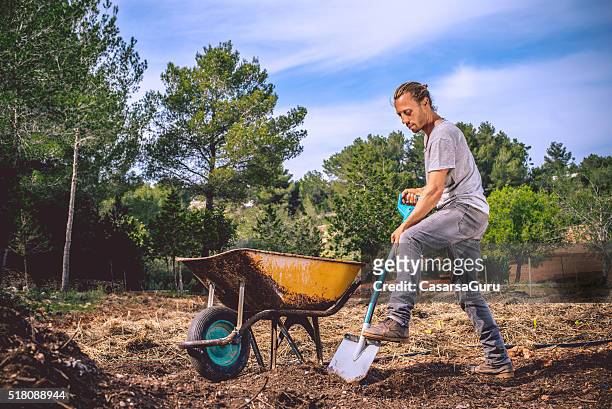 young farmer getting ready for organic agriculture - kruiwagen stockfoto's en -beelden