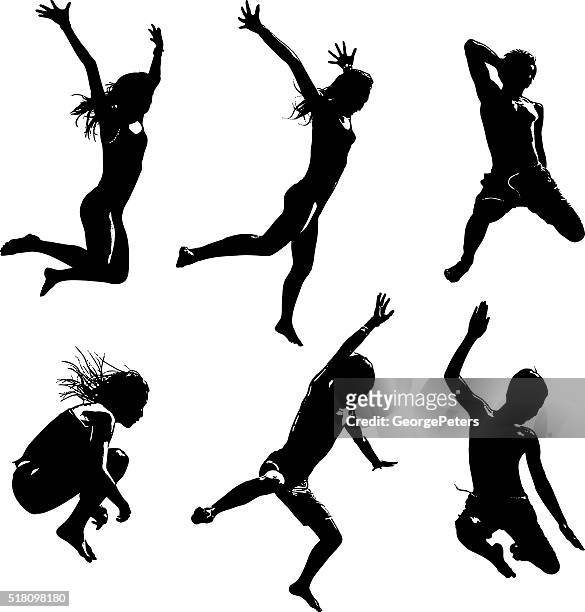 silhouettes of happy asian kids jumping - cannon ball pool stock illustrations