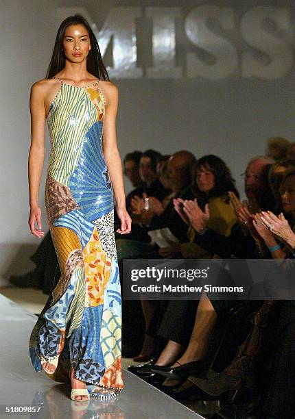 Model walks the runway at the Missoni Spring 2005 and Retrospective Fashion Show at Neiman Marcus on November 30, 2004 in Beverly Hills, California.