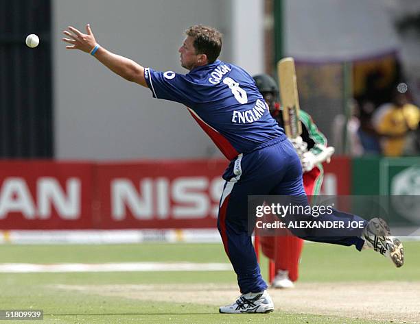 England bowler Darren Gough misses a catch from Zimbabwe batsman Brendan Taylor who later was out for 13 in the second one day test in Harare 01...