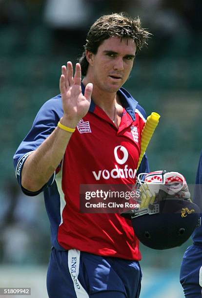 Kevin Pietersen of England waves to the crowd after a good innings during the 2nd One Day International against Zimbabwe at the Harare Sports Club...