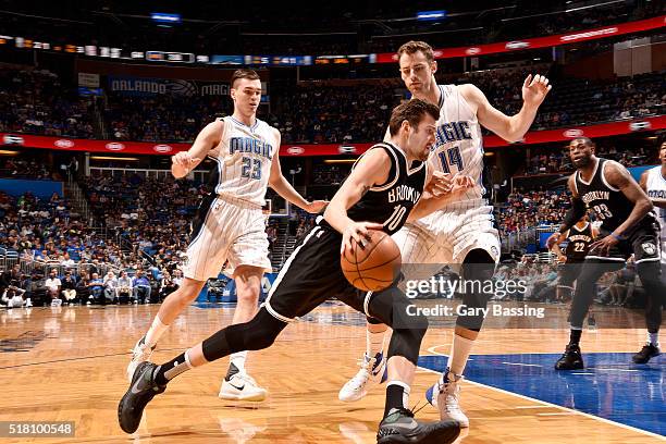 Sergey Karasev of the Brooklyn Nets drives to the basket during the game against the Orlando Magic on March 29, 2016 at Amway Center in Orlando,...