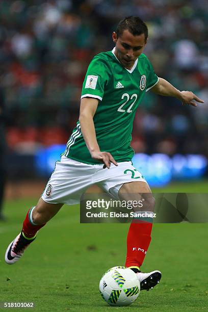 Paul Aguilar of Mexico drives the ball during the match between Mexico and Canada as part of the FIFA 2018 World Cup Qualifiers at Azteca Stadium on...