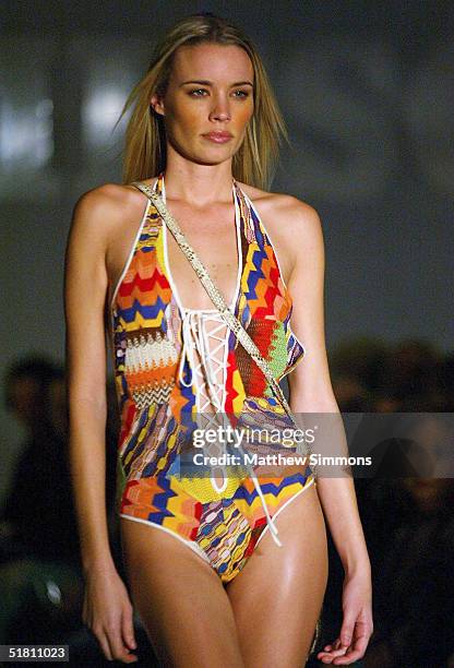 Model walks the runway at the Missoni Spring 2005 and Retrospective Fashion Show at Neiman Marcus on November 30, 2004 in Beverly Hills, California.