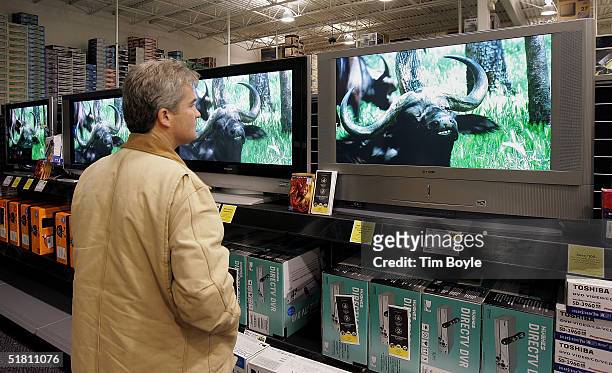 Shopper Gary Finneke peruses the plasma and LCD flat screen television section at a Best Buy store December 1, 2004 in Niles, Illinois. According to...