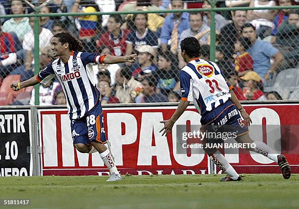 Jesus Arellano de Monterrey, festeja despues de convertir frente al Atlante en partido de semifinales del Torneo Apertura de la liga mexicana el 01...