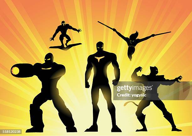 robotic superhero team silhouette - woman with gun stock illustrations