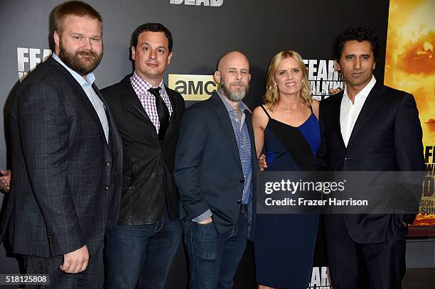 Robert Kirkman, producers David Alpert and Dave Erickson and actors Kim Dickens and Cliff Curtis attend the premiere of AMC's "Fear The Walking Dead"...