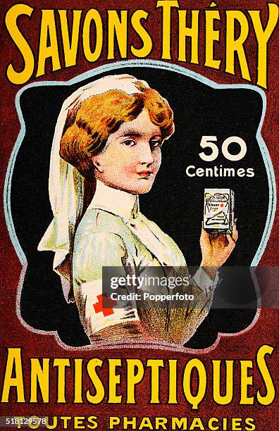 Vintage postcard illustration advertising Savons Thery antiseptic cream and featuring a Red Cross nurse holding a box, circa 1914.