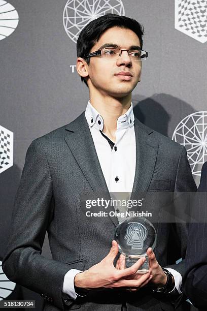 Grand-master Anish Giri of the Netherlands attends the World Chess closing ceremony at at the DI Telegraph on March 29, 2016 in Moscow, Russia.