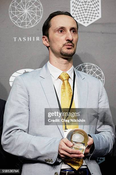 Grand-master Veselin Topalov of Bulgaria attends the World Chess closing ceremony at at the DI Telegraph on March 29, 2016 in Moscow, Russia.