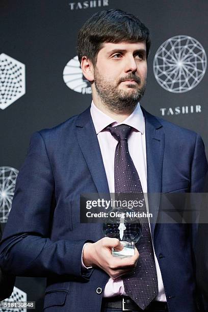 Grandmaster Peter Svidler of Russia attends the World Chess closing ceremony at at the DI Telegraph on March 29, 2016 in Moscow, Russia.