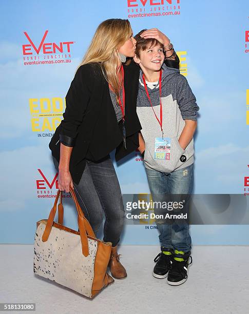 Tammy McIntosh and son Benjamin McIntosh arrive ahead of the Eddie The Eagle screening at Event Cinemas Bondi Junction on March 30, 2016 in Sydney,...