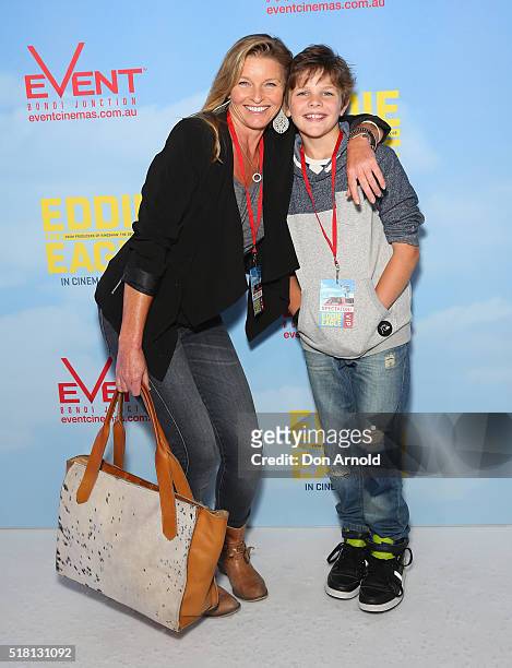 Tammy McIntosh and son Benjamin McIntosh arrive ahead of the Eddie The Eagle screening at Event Cinemas Bondi Junction on March 30, 2016 in Sydney,...
