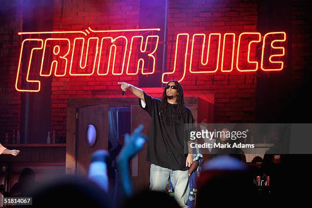 Rapper Lil' John points to the crowd at The Tabernacle during the Lil' John & The East Side Boyz MTV2 $2 Bill Concert on December 1, 2004 in Atlanta,...