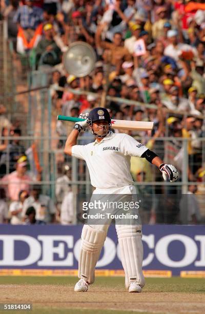 Sachin Tendulkar celebrates after scoring the winning run for India during day 5 of the second test between India and South Africa at Eden Gardens on...
