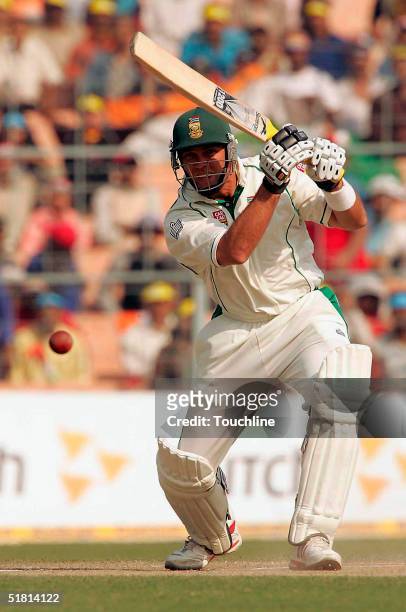 Jacques Kallis of South Africa hits out during day 5 of the second test between India and South Africa at Eden Gardens on December 2, 2004 in...